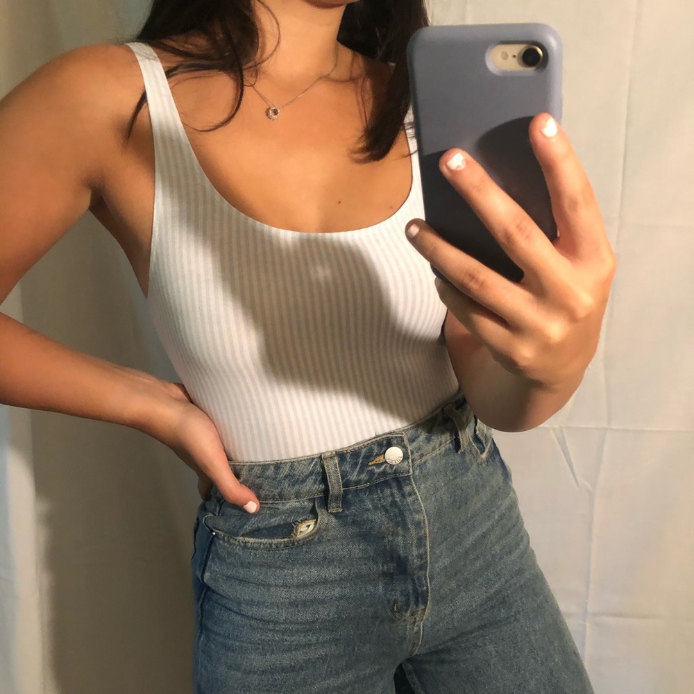 Blue and white bodysuit